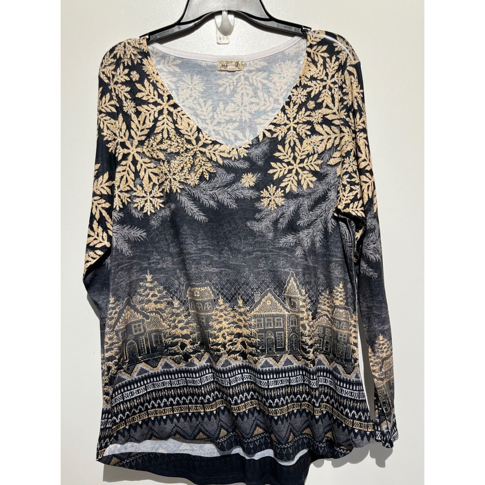 One World Winter Village Snowflake Gold Black V-Neck Long Sleeve Top‎ XXL